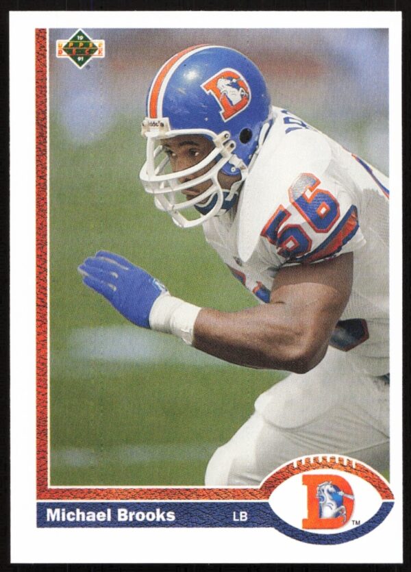 1991 Upper Deck Michael Brooks football card #572, Denver Broncos linebacker in action.