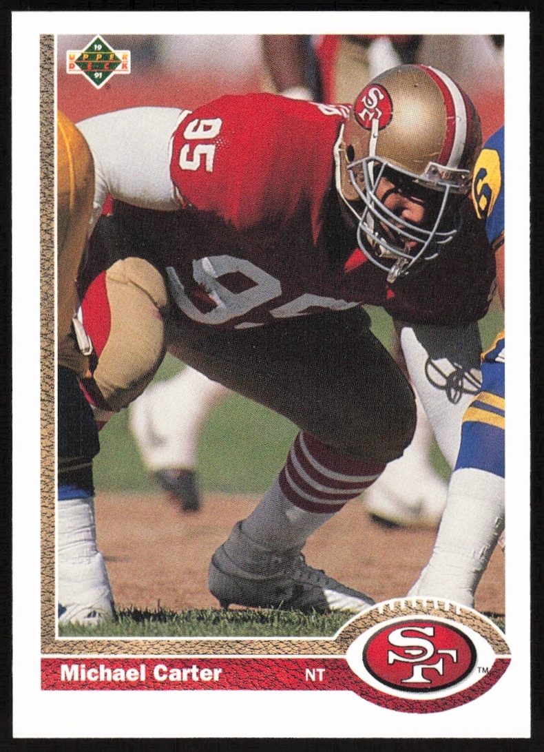 Front view of 1991 Upper Deck Michael Carter #407 card with stats and classic 90s design.