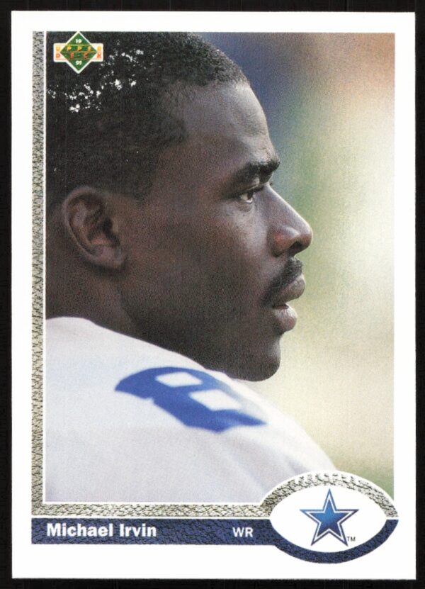 1991 Upper Deck Michael Irvin Football Card #107, Dallas Cowboys Wide Receiver in Action.
