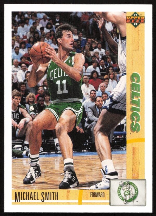 Front of 1991 Upper Deck Michael Smith trading card #121, highlights player in action.