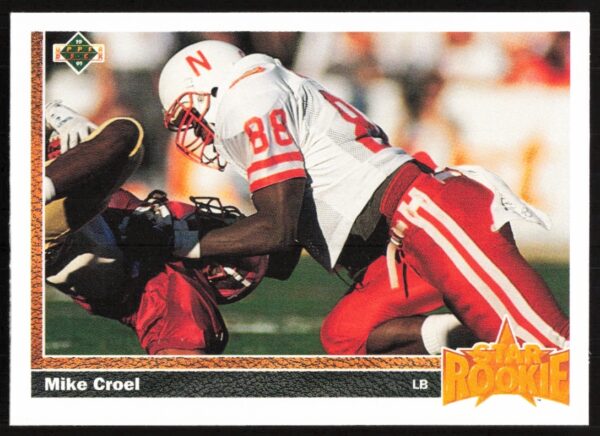 Denver Broncos linebacker Mike Croel 1991 Upper Deck football card, action pose.