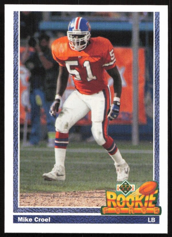 Mike Croel 1991 Upper Deck football card #606, Denver Broncos, rookie season action shot.