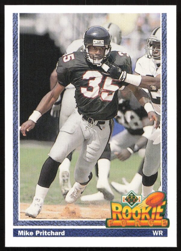 Mike Pritchard 1991 Upper Deck Rookie Football Card #644 Front Action Shot.