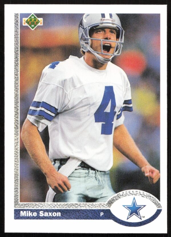 Mike Saxon 1991 Upper Deck football card #150, Dallas Cowboys punter in action.
