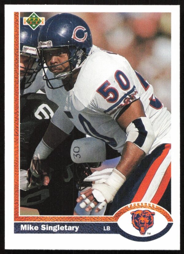 Front view of 1991 Upper Deck card #229 featuring Mike Singletary in action.