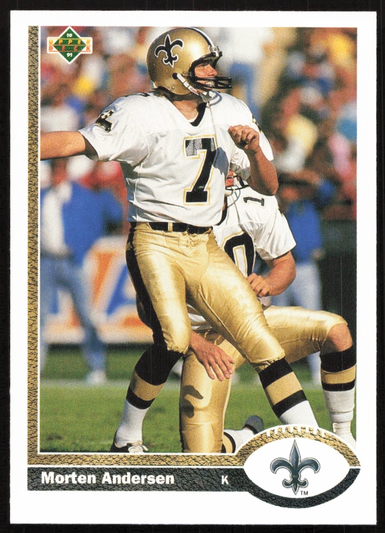 Morten Andersen 1991 Upper Deck football card #226 featuring NFL kicker in action.