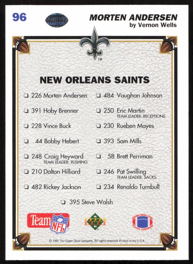 1991 Upper Deck Morten Andersen #96 Card Back: Career Stats and Achievements.