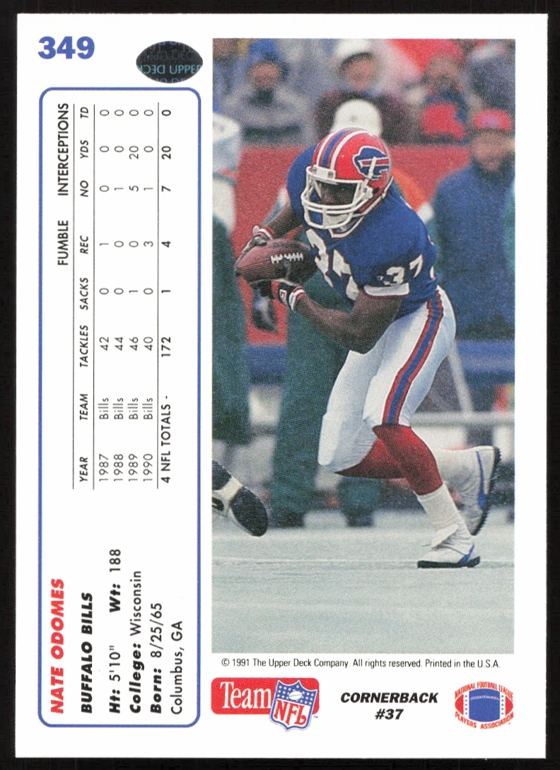 Back of 1991 Nate Odomes Upper Deck card #349 with stats and player highlights.