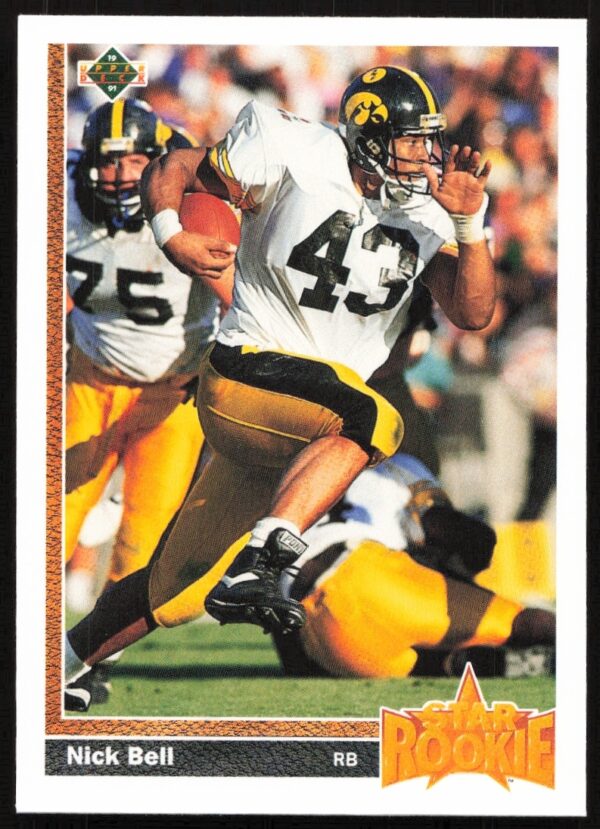 Front of 1991 Upper Deck trading card Nick Bell #29, featuring him in football uniform.