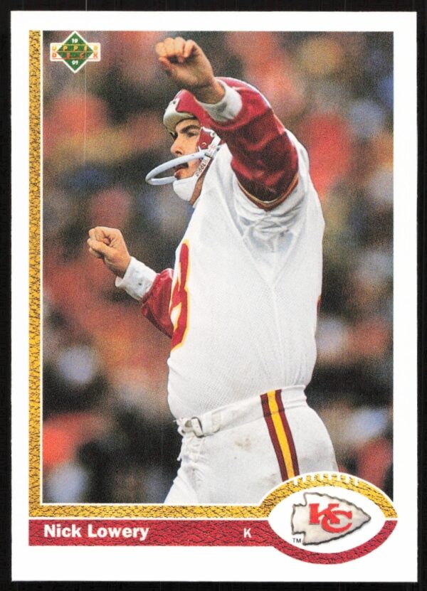 Nick Lowerys 1991 Upper Deck Football Card #160, Kansas City Chiefs, in action.