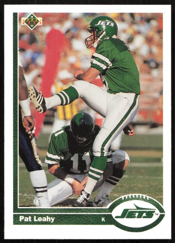 Pat Leahy in action, 1991 Upper Deck football card #370, New York Jets kicker.