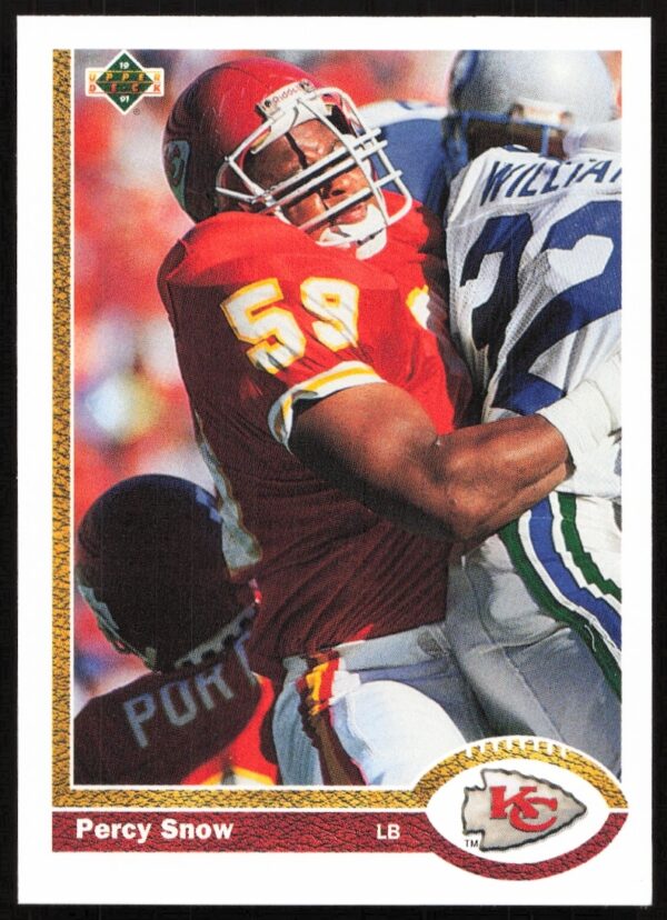 Percy Snow in action on 1991 Upper Deck card #36, showcasing his linebacker skills.