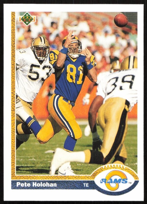 Front view of 1991 Upper Deck Pete Holohan football card, #182, showing player in action.