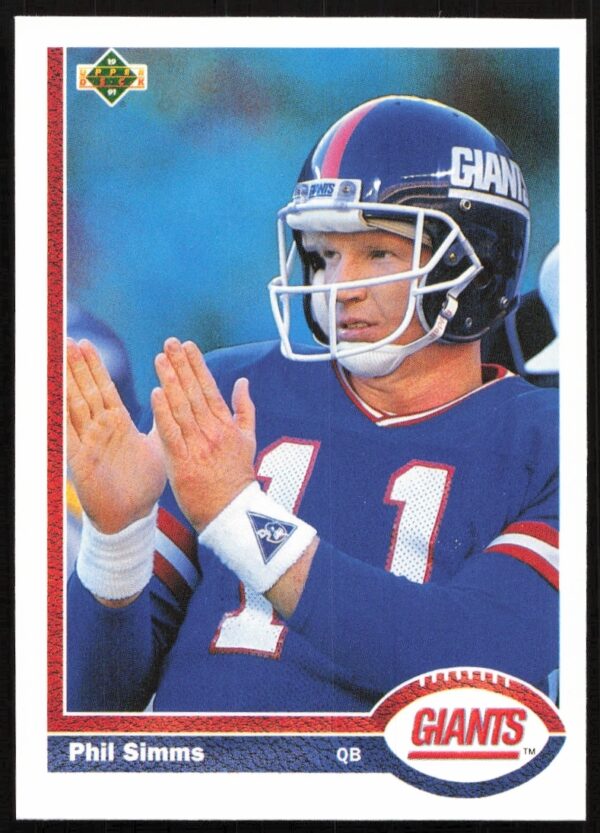 Phil Simms 1991 NFL card #181, New York Giants QB in action.