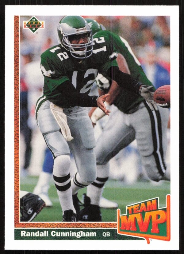 Randall Cunningham 1991 Upper Deck football card, Eagles uniform, demonstrating quarterback skills.