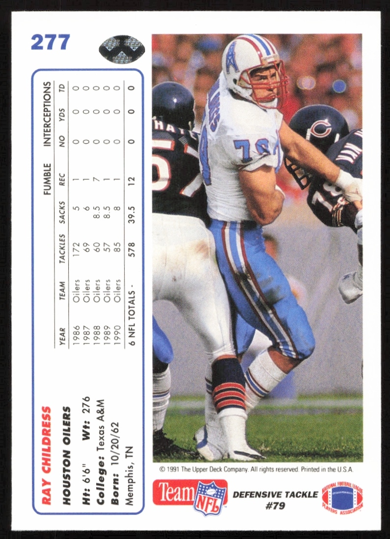 Back view of 1991 Upper Deck Ray Childress Card #277 showing stats and career highlights.