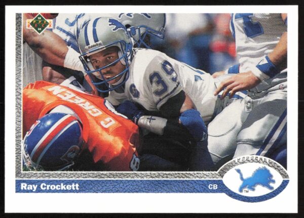 Ray Crockett 1991 Upper Deck card #685, Detroit Lions action stance, NFL collectible.