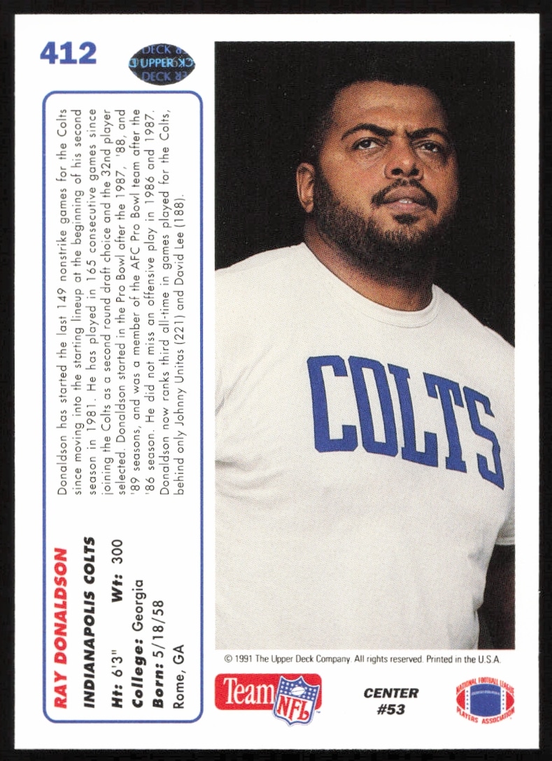 Ray Donaldson 1991 Upper Deck card back with stats, bio, NFL career highlights.