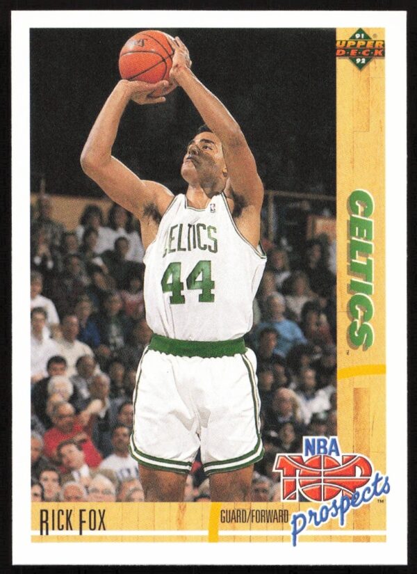 1991 Upper Deck Rick Fox basketball card #443, Boston Celtics uniform, dynamic on-court pose.