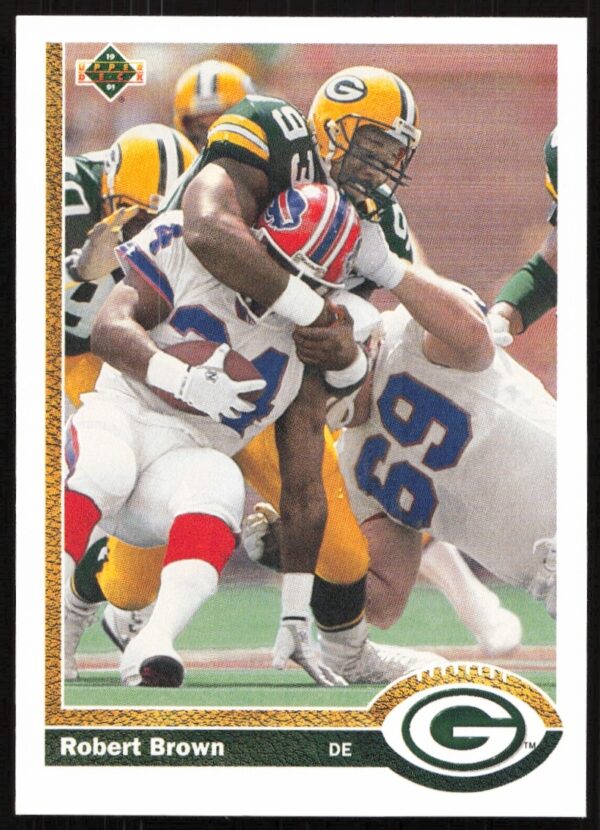 1991 Upper Deck Robert Brown football card showing action pose and determined expression.