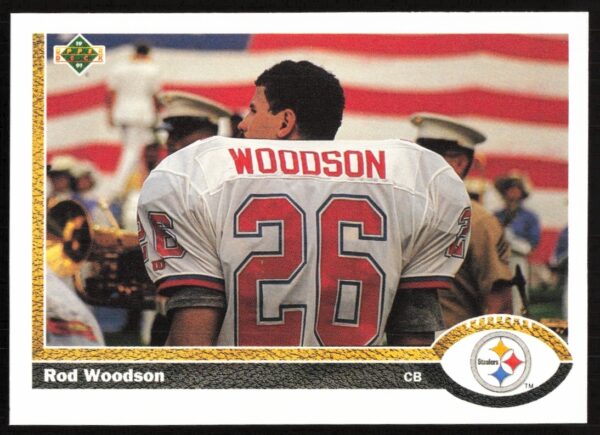 Rod Woodson 1991 Upper Deck trading card #111, showcasing his iconic defensive play.