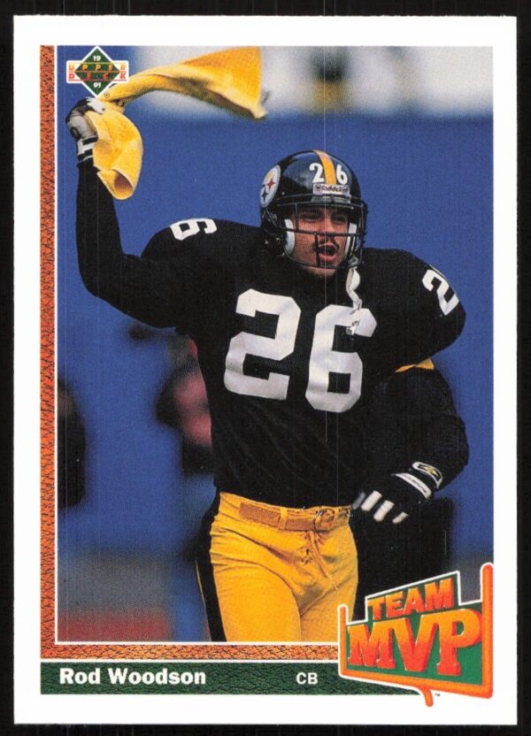 Rod Woodson 1991 Upper Deck Football Card #473 in Steelers Uniform, Action Pose.