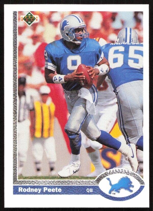 Front of 1991 Upper Deck Rodney Peete football card #305, featuring quarterback in action.