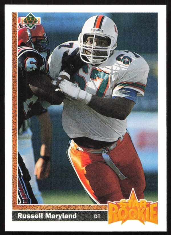 Front of 1991 Upper Deck card featuring football star Russell Maryland (#5).