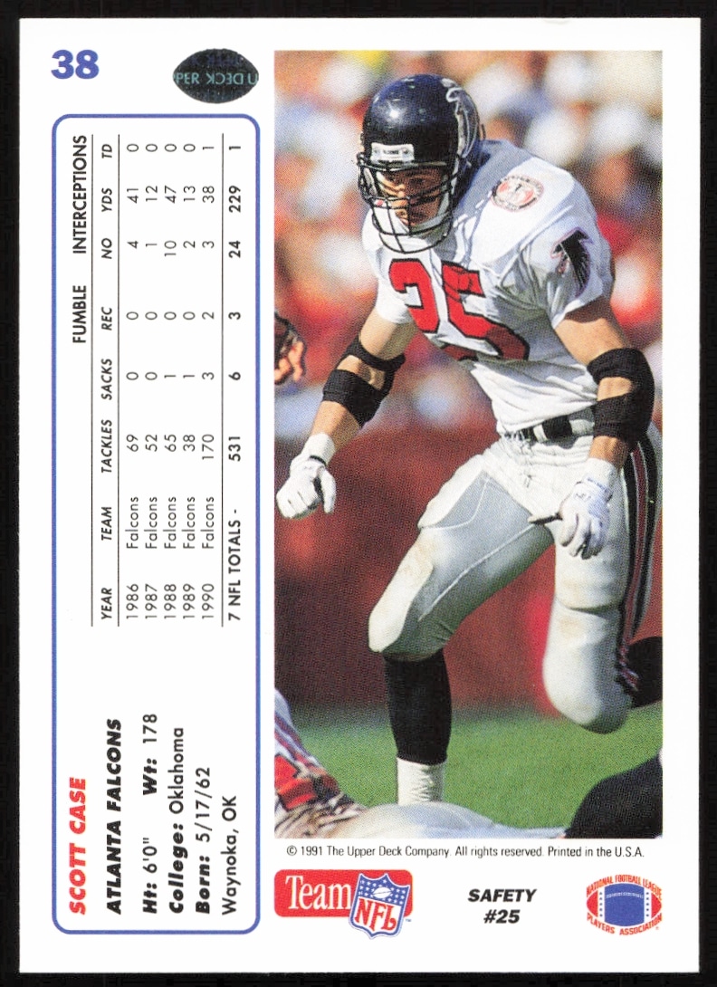Back of 1991 Scott Case Upper Deck card with stats and career summary.