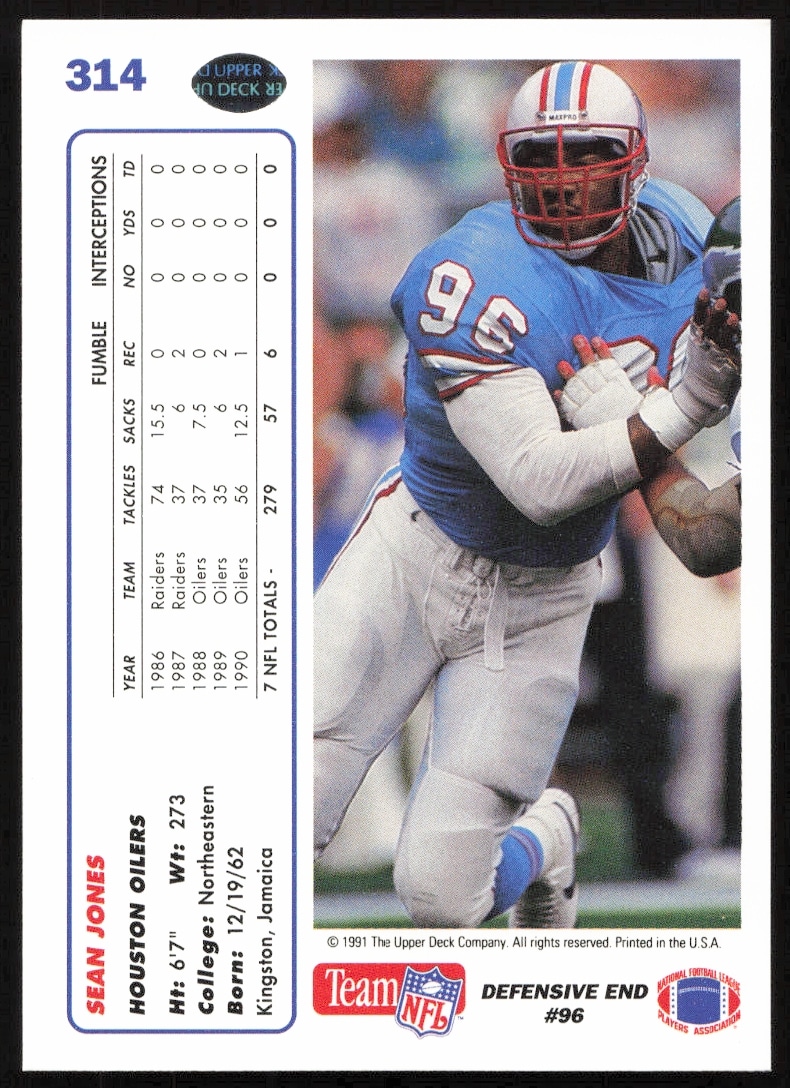 Back of 1991 Sean Jones Upper Deck Card #314 with stats and highlights.