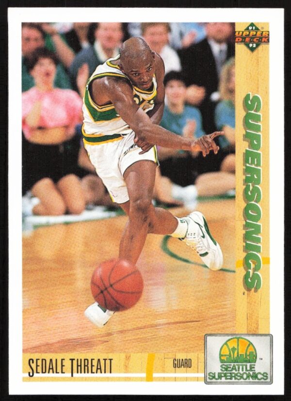Sedale Threatt 1991 Upper Deck card #110, Los Angeles Lakers action shot.