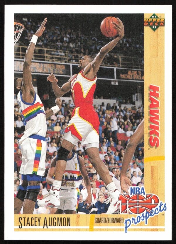 Vintage 1991 Upper Deck card of Stacey Augmon, featuring dynamic in-game action shot.