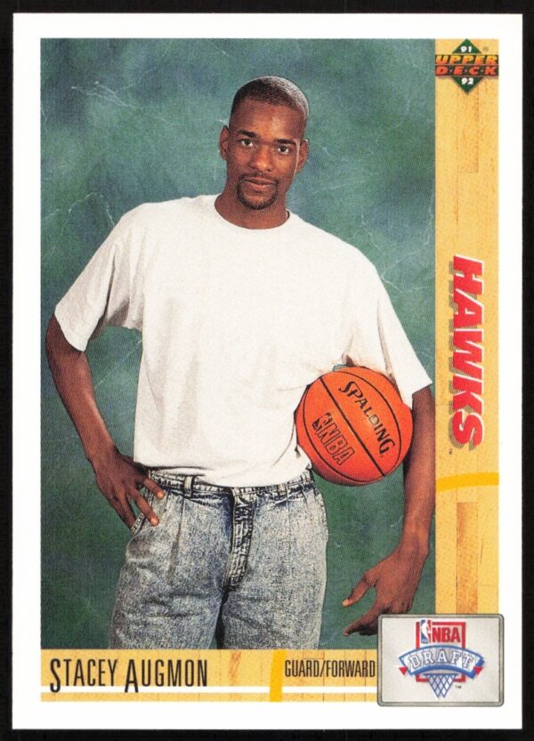 Front view of 1991 Upper Deck Stacey Augmon basketball card, featuring action shot, #5.