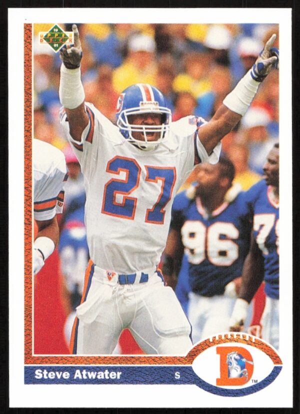 Denver Broncos safety Steve Atwater in action on 1991 Upper Deck football card #144.