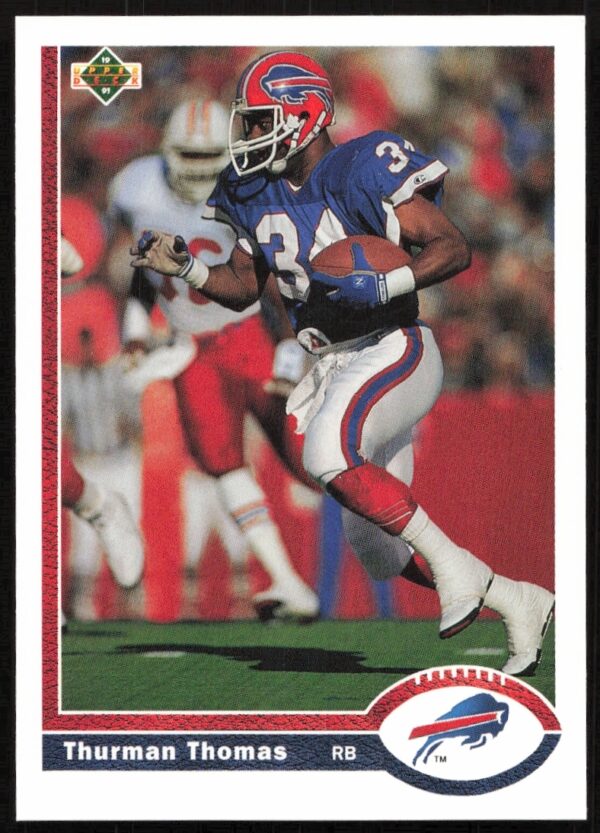 1991 Upper Deck #356: Thurman Thomas in action, Hall of Fame running back, football card.