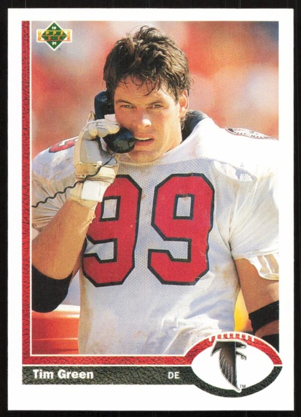 1991 Upper Deck Tim Green Trading Card #195, featuring Atlanta Falcons linebacker in action.
