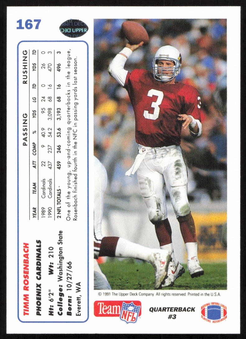 Back of 1991 Upper Deck Timm Rosenbach card #167: bio, stats, team info.