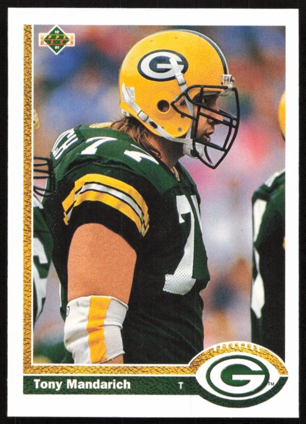 Front of Tony Mandarich 1991 Upper Deck football card, action shot on field.