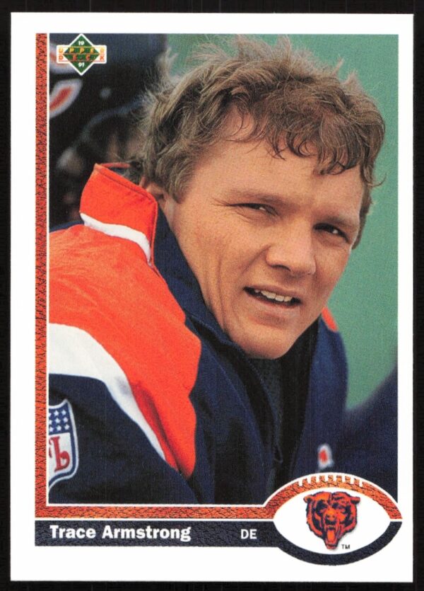 Trace Armstrong 1991 football card, Upper Deck #342, front view action shot.
