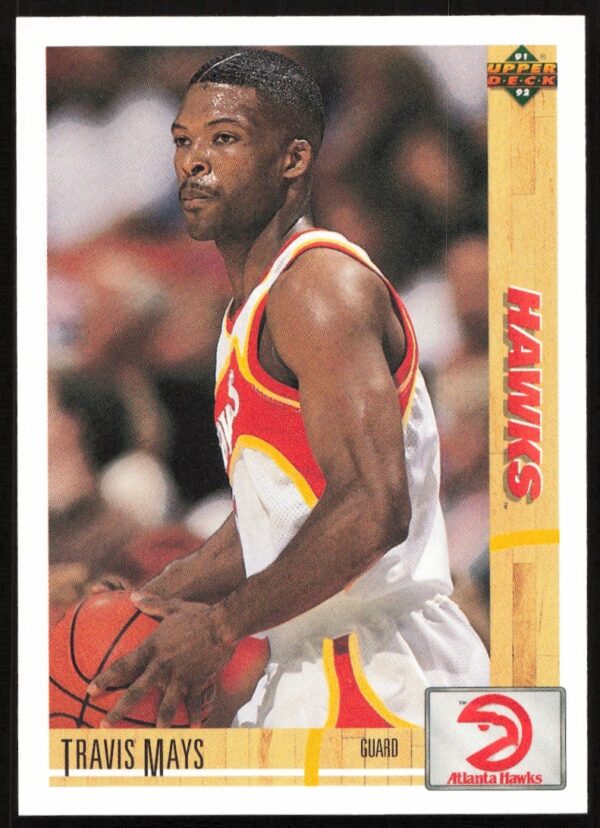 Upper Deck 1991 Travis Mays basketball card #494 features action shot, team colors, player stats.