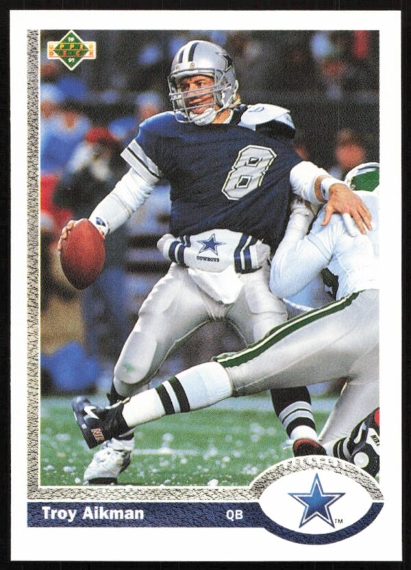 Front of 1991 Upper Deck Card #152 featuring Troy Aikman in action.