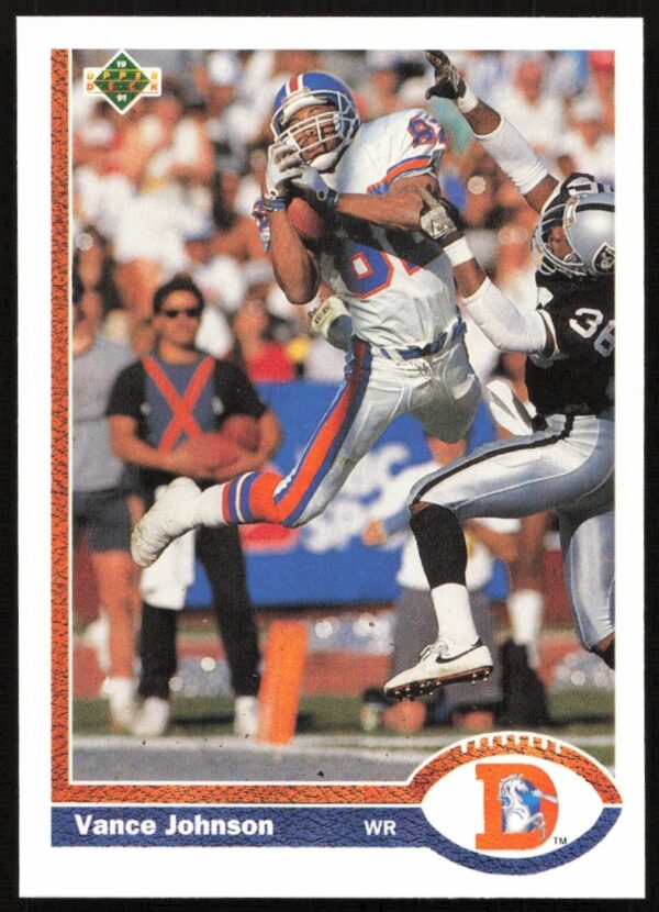 Vance Johnson NFL 1991 Upper Deck card #122, Denver Broncos uniform action shot.