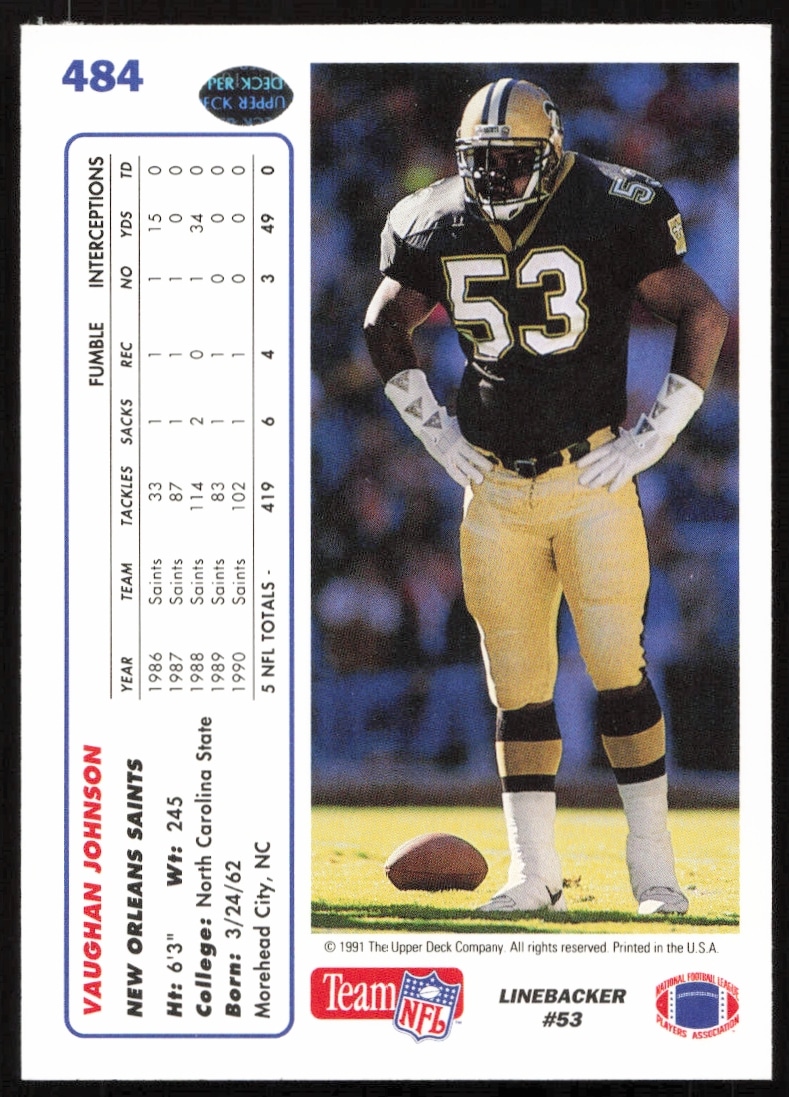 1991 Upper Deck Vaughan Johnson card back with stats and highlights, New Orleans Saints linebacker.