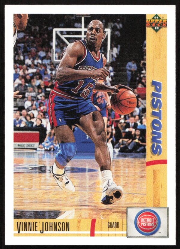 1991 Upper Deck Vinnie Johnson #132, Detroit Pistons action card, showcasing dynamic gameplay.