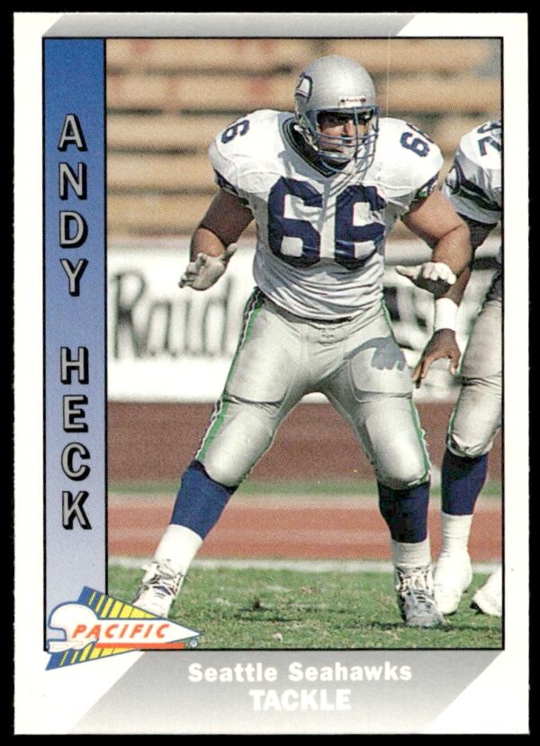 1994 Andy Heck Fleer Card #513, Front, in Seahawks Uniform during Gameplay.