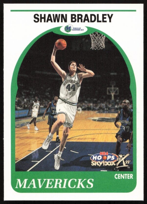 Shawn Bradley 1999 Skybox NBA Hoops card #21, featuring player statistics and team details.