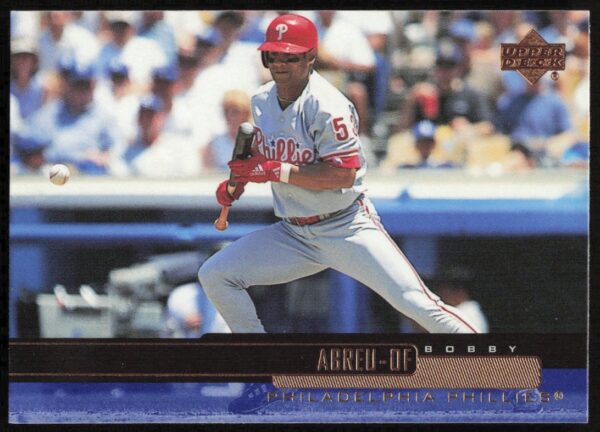 2000 Upper Deck Bobby Abreu card #234, Phillies uniform, action pose, front view.