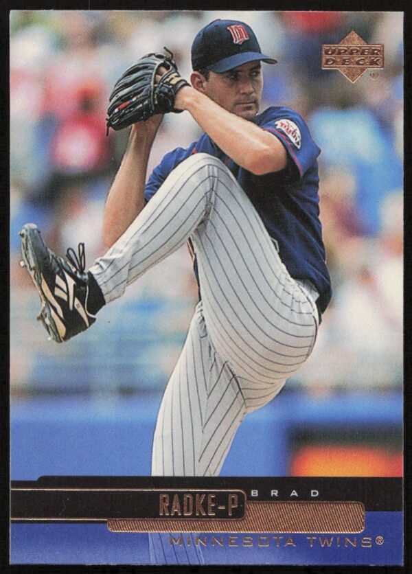 Front view of 2000 Upper Deck Brad Radke baseball card, Minnesota Twins pitcher.