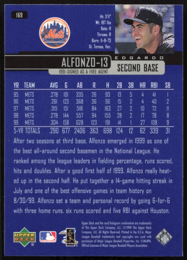 Back of 2000 Upper Deck Edgardo Alfonzo card, featuring stats and Mets highlights.