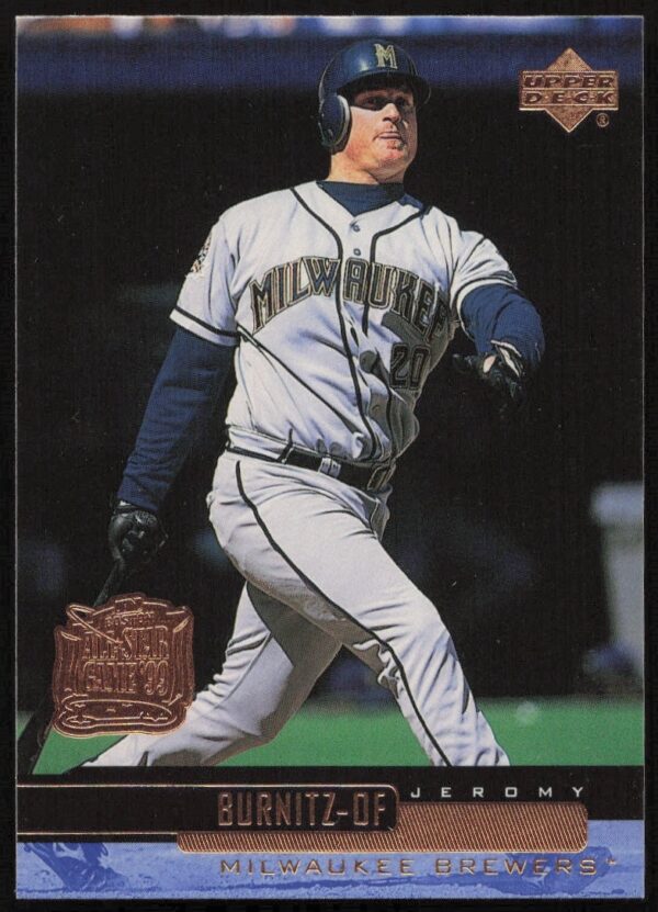 Jeromy Burnitz 2000 Upper Deck card, #148, Milwaukee Brewers, batting stance, stadium backdrop.